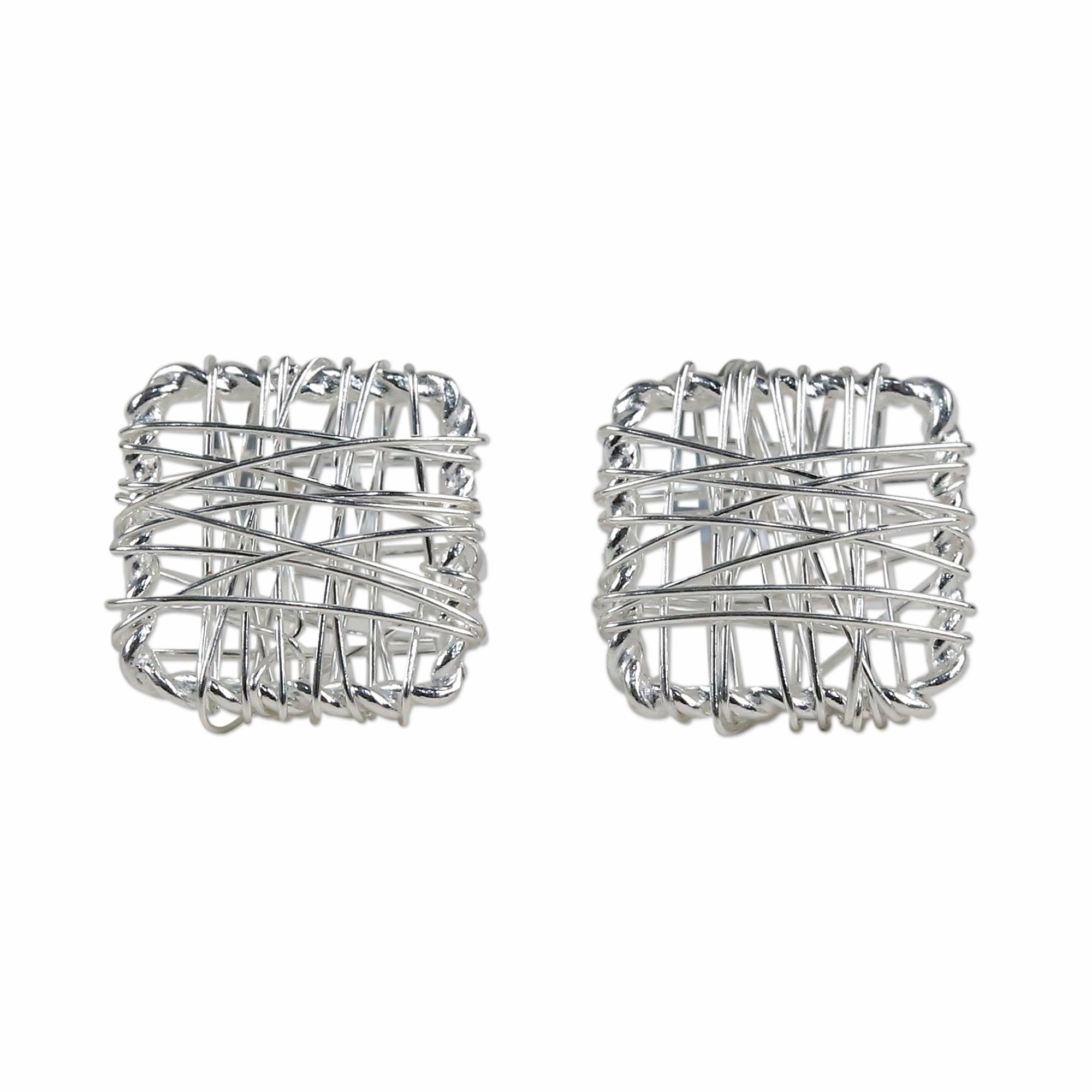 Crisscross Square Sterling Silver Wrap Square Stud Earrings Made in Thailand