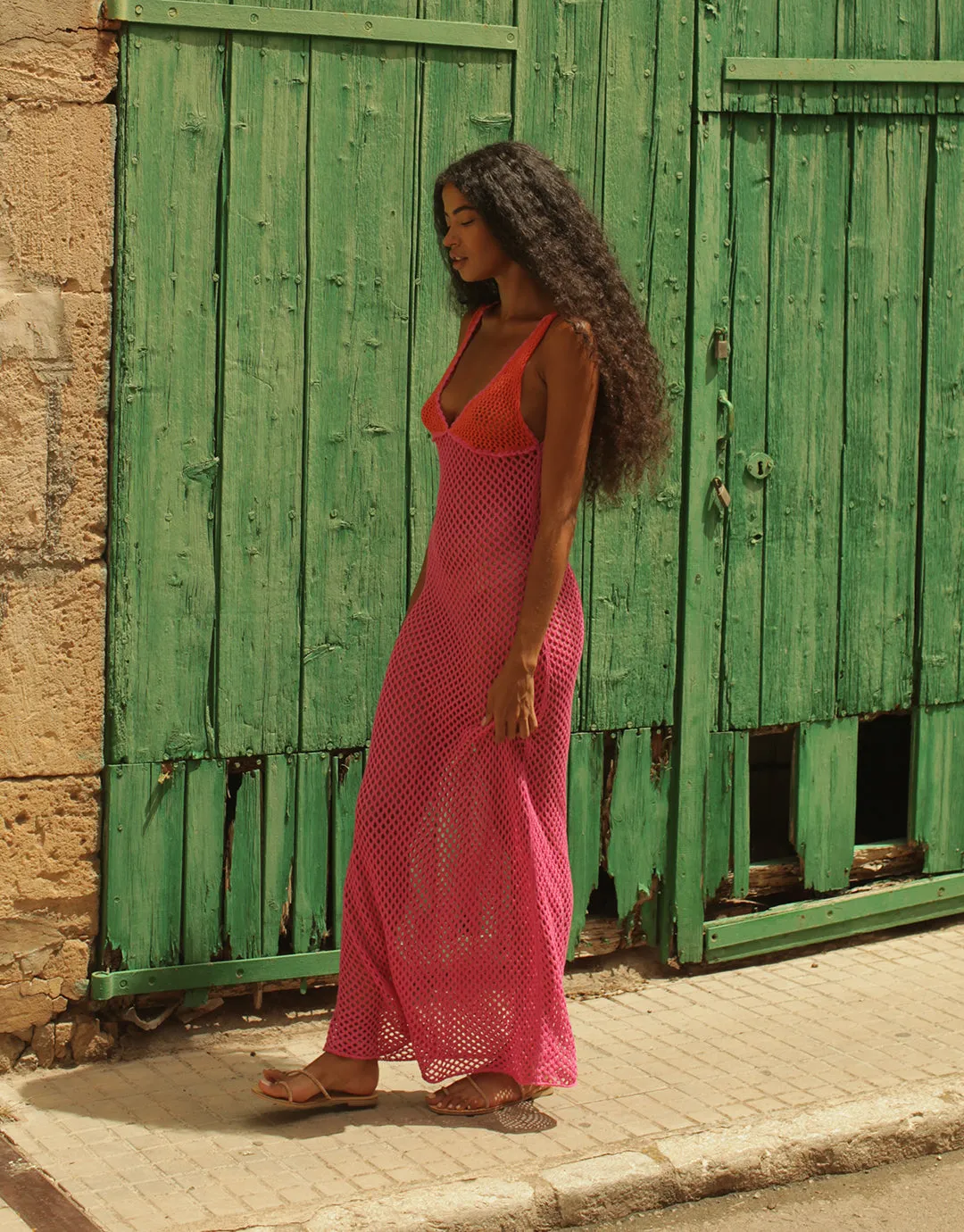 Crochet Colourblock Siren Dress - Hot Pink