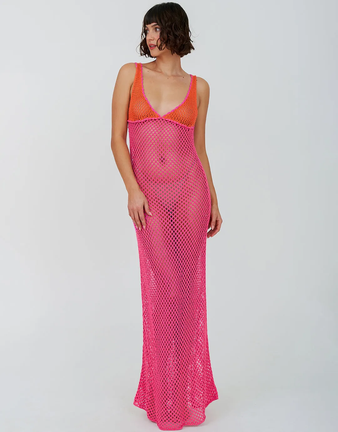 Crochet Colourblock Siren Dress - Hot Pink