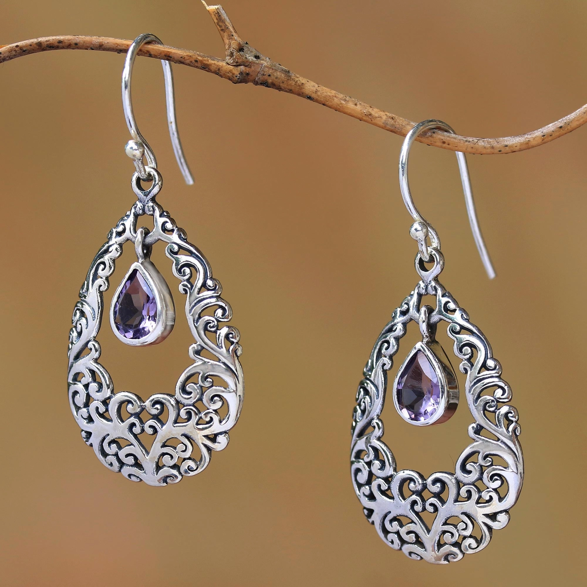 Curling Drops Amethyst Drop Dangle Earrings from Bali