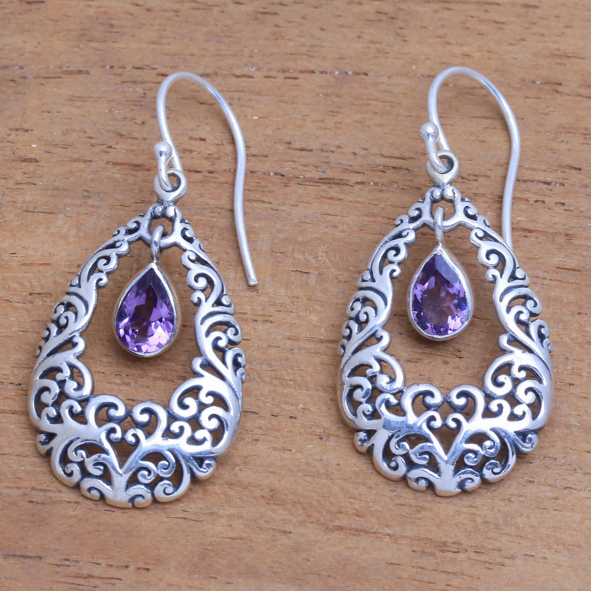 Curling Drops Amethyst Drop Dangle Earrings from Bali