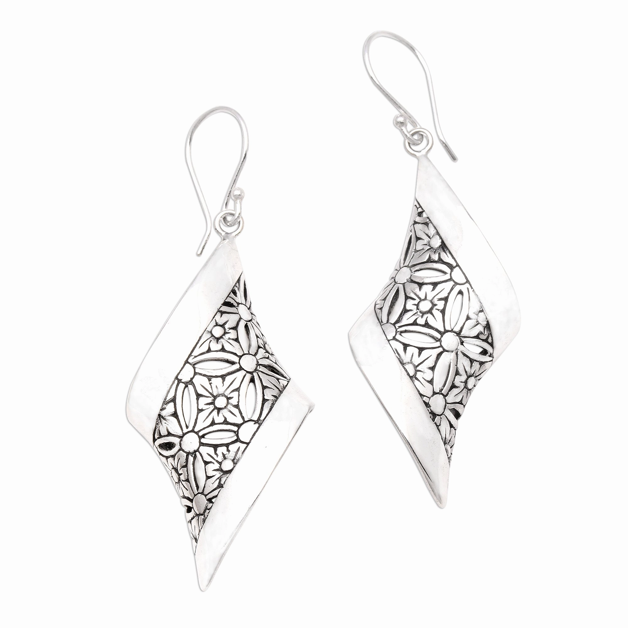 Curved Bliss Curved Floral Sterling Silver Dangle Earrings from Bali