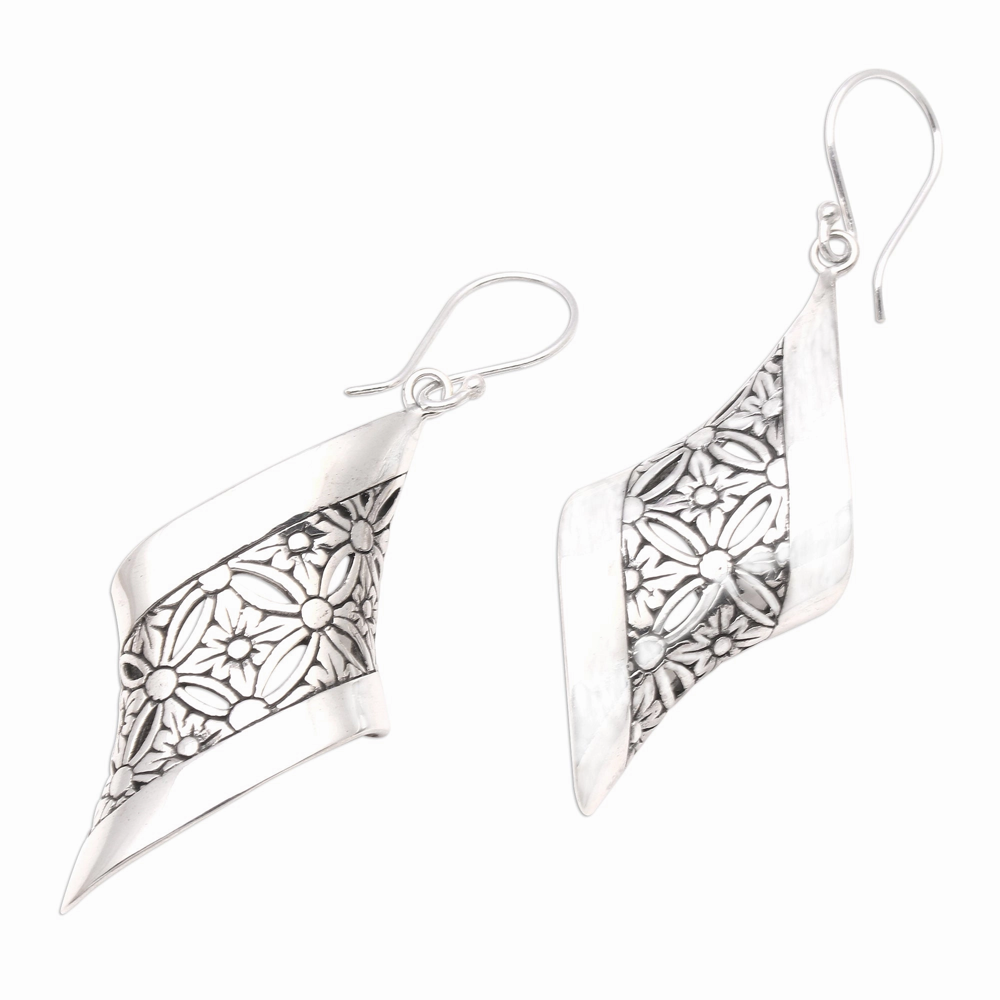 Curved Bliss Curved Floral Sterling Silver Dangle Earrings from Bali