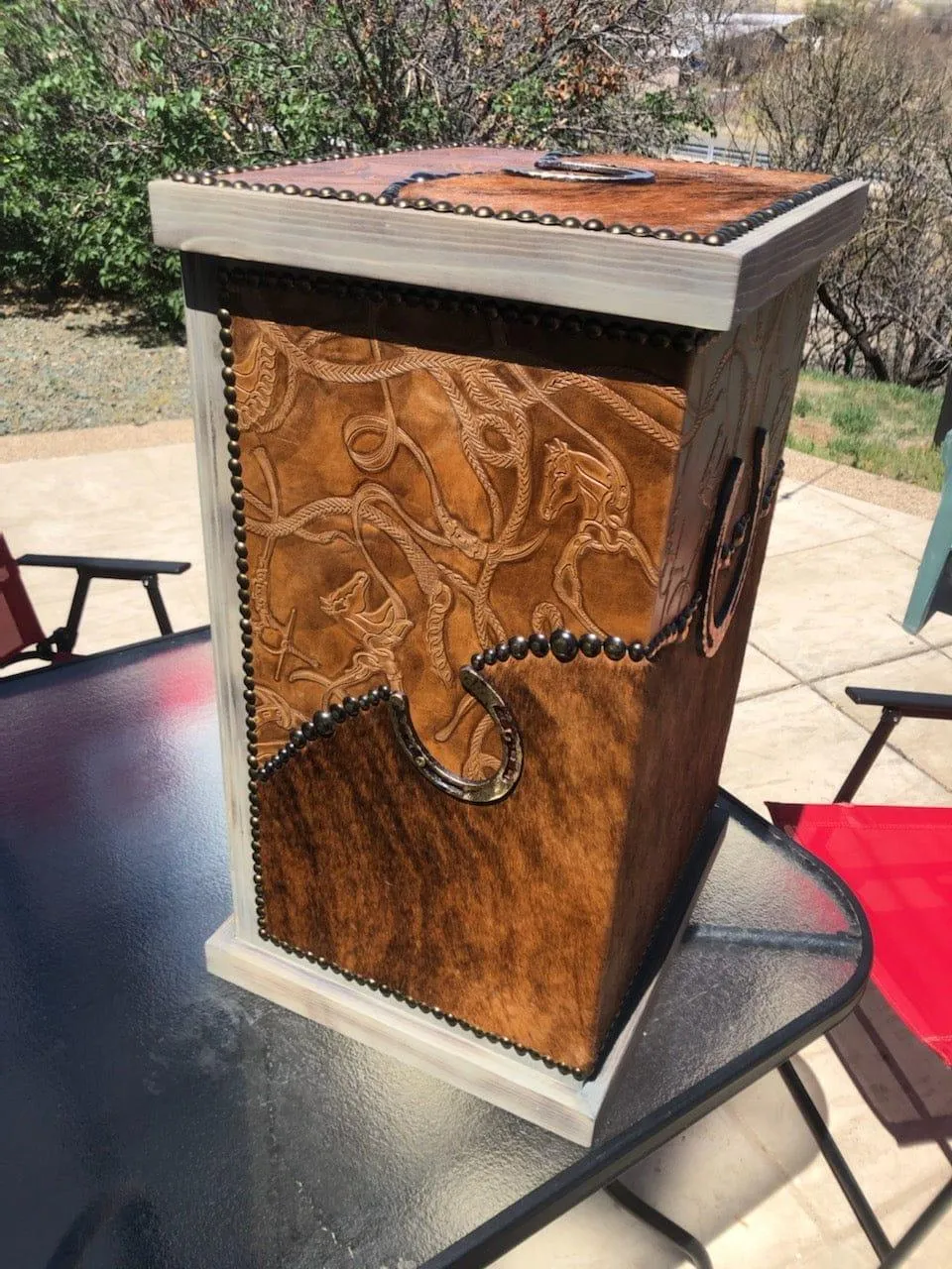 Customizable Brindle Cowhide & Horseshoe Decorative Hamper