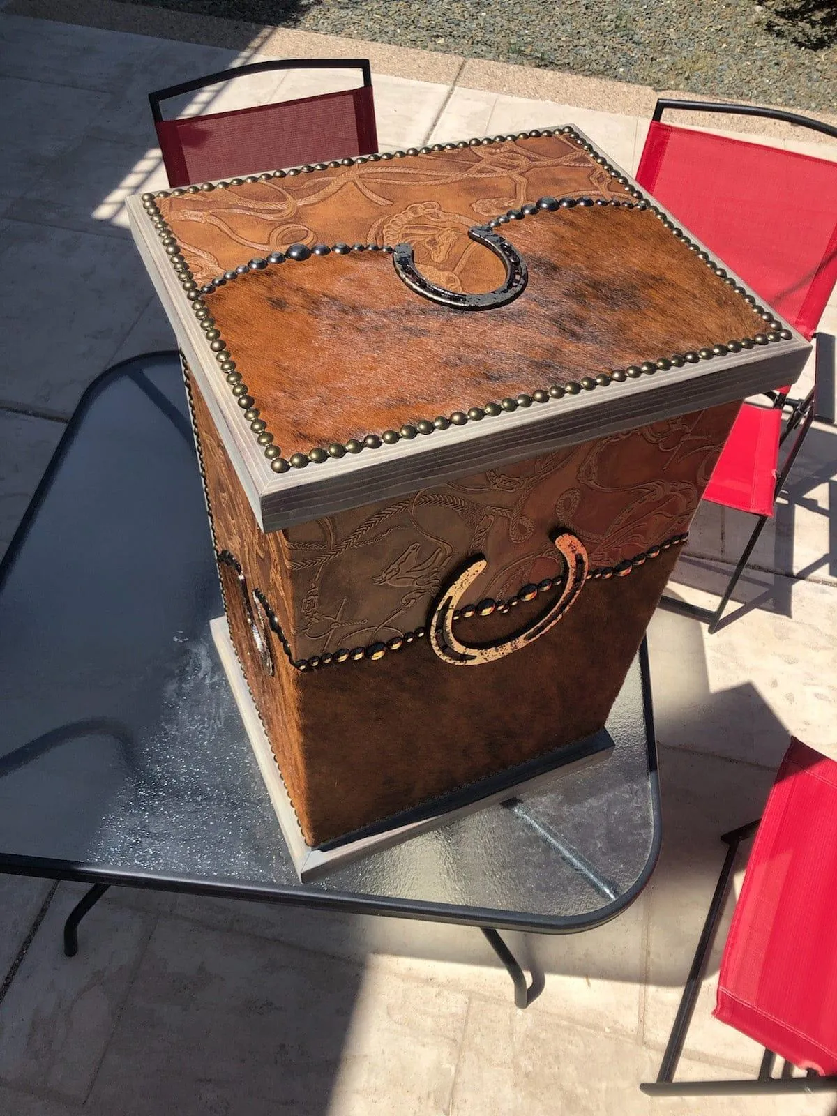 Customizable Brindle Cowhide & Horseshoe Decorative Hamper