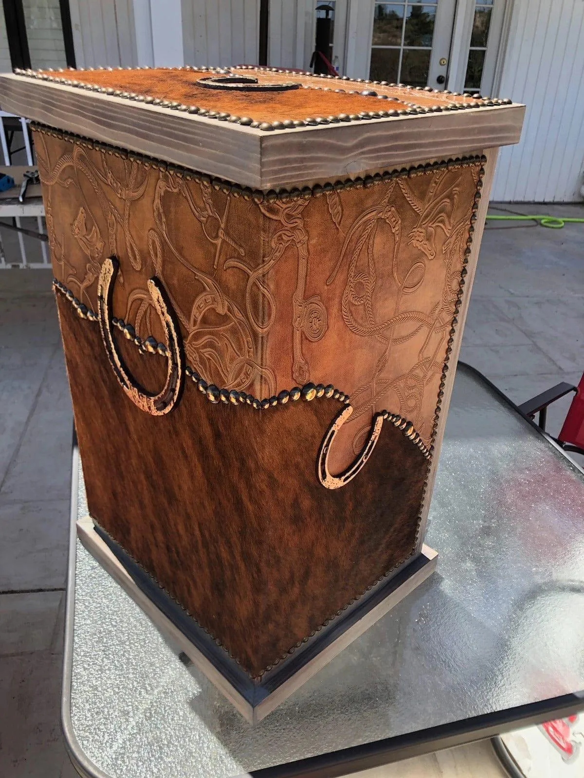 Customizable Brindle Cowhide & Horseshoe Decorative Hamper