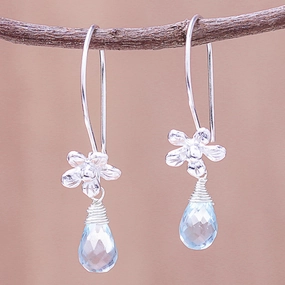 Daisy Glitter Floral Faceted Blue Topaz Dangle Earrings from Thailand