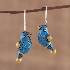 Dancing Sparrow Hand Crafted Terracotta Blue Bird Earrings from India