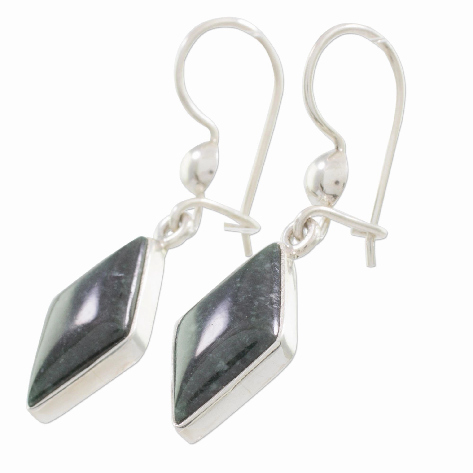 Dark Verdant Diamond Very Dark Green Jade and Sterling Silver Dangle Earrings
