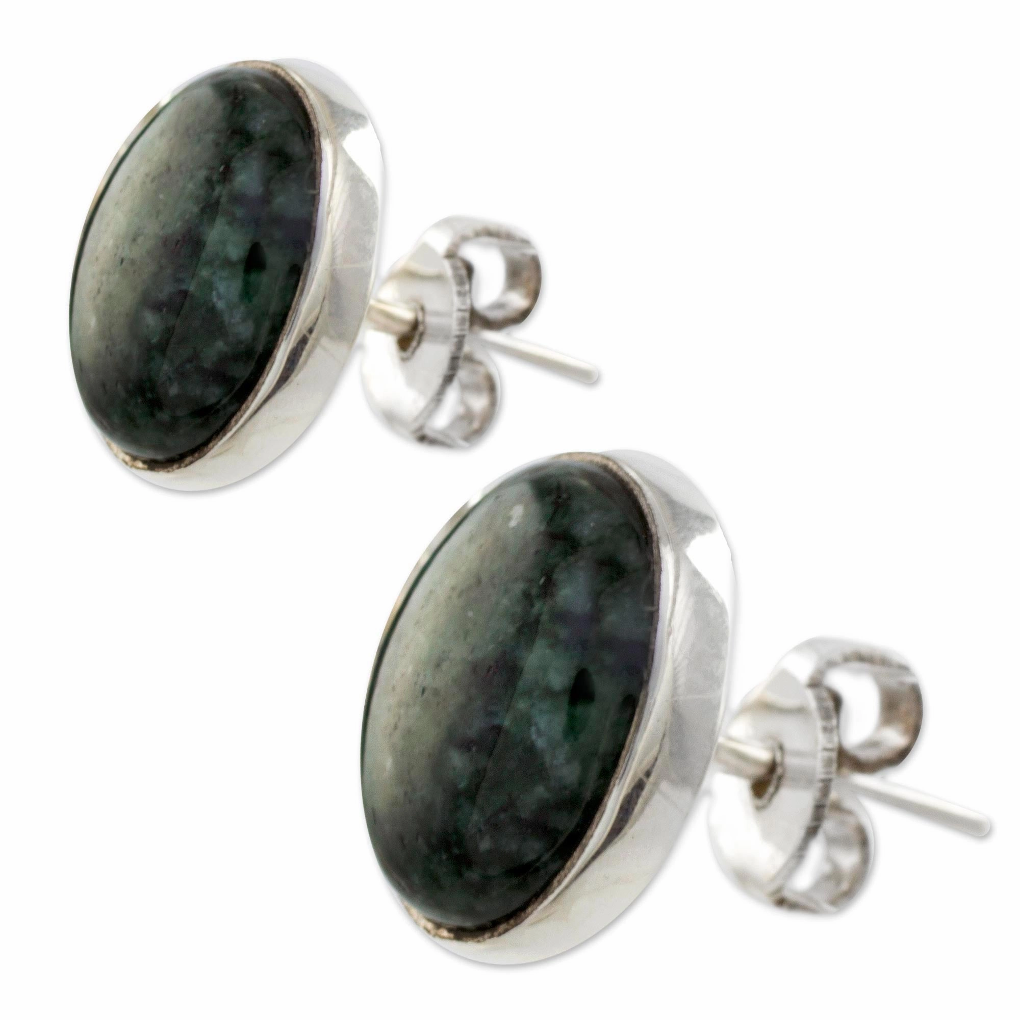 Dark Voluptuous Green Modern Maya Jade Post Earrings with Sterling Silver