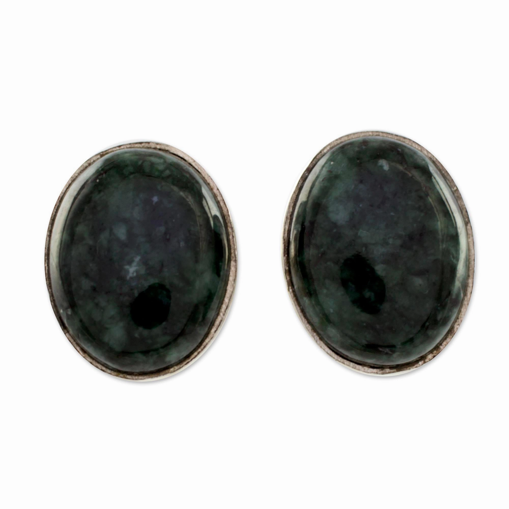 Dark Voluptuous Green Modern Maya Jade Post Earrings with Sterling Silver