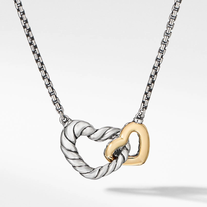 David Yurman Cable Collectibles Double Heart Necklace with 18ct Yellow Gold