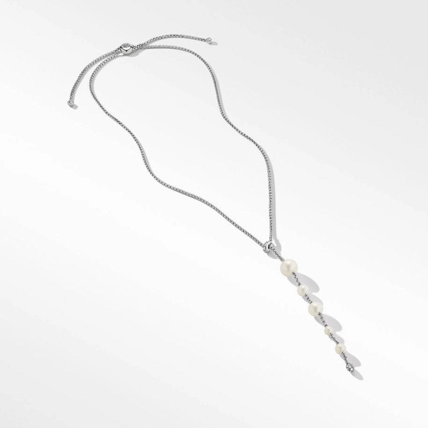 David Yurman Pearl and Pav Y Necklace in Sterling Silver with Diamonds