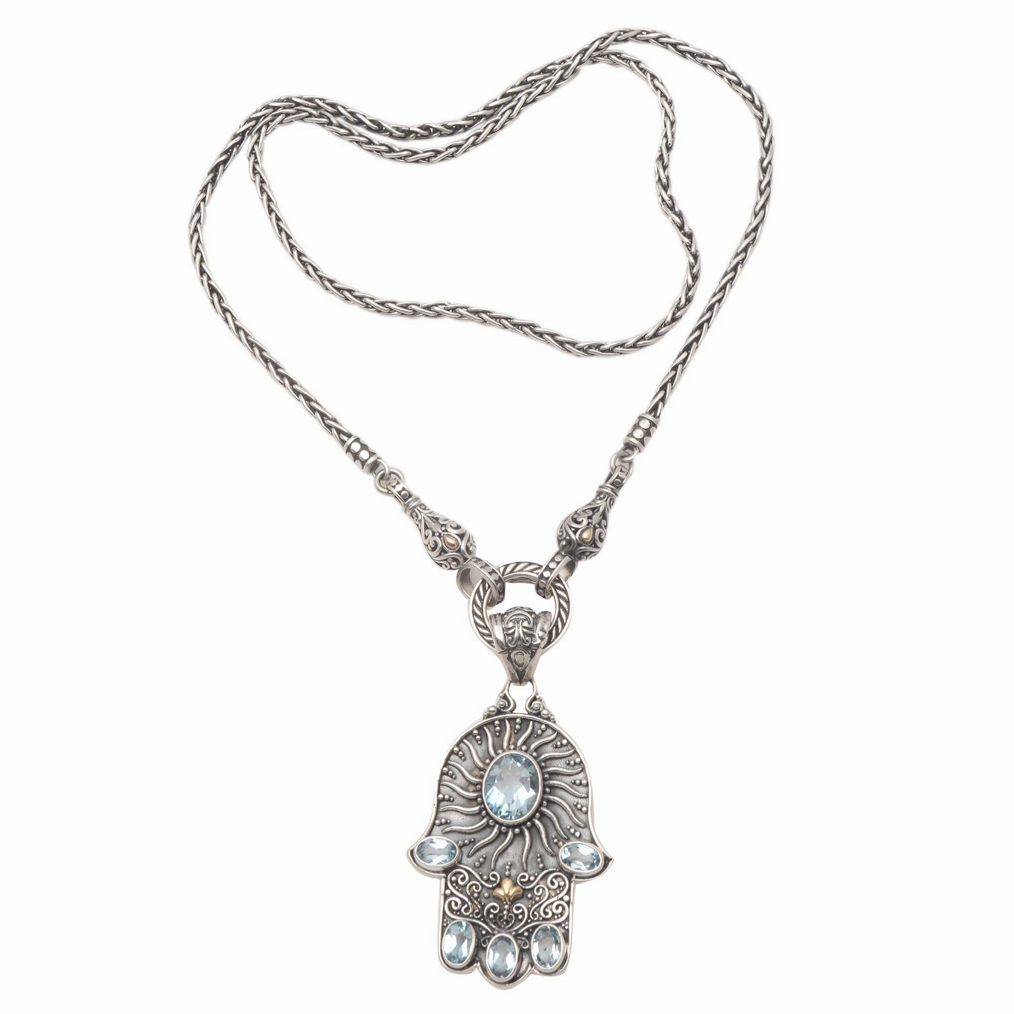 Dazzling Hamsa Blue Topaz Hamsa Hand Pendant Necklace