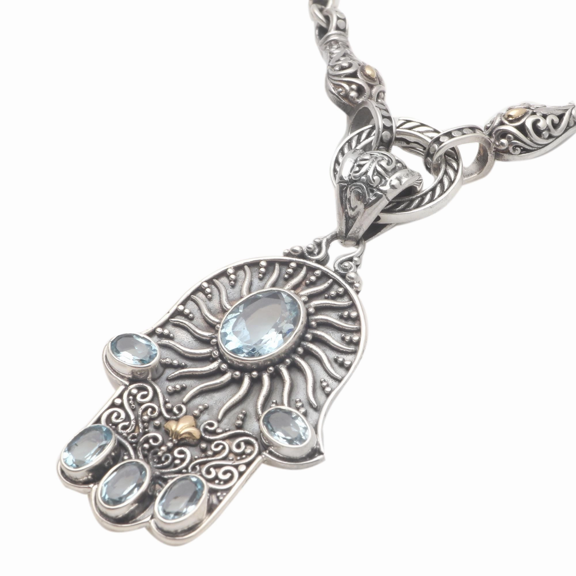 Dazzling Hamsa Blue Topaz Hamsa Hand Pendant Necklace