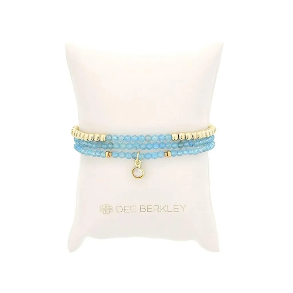 December Birthstone Bracelet Stack: Blue Topaz And Gold Filled Beads Bracelet With Clear Quartz Bezel