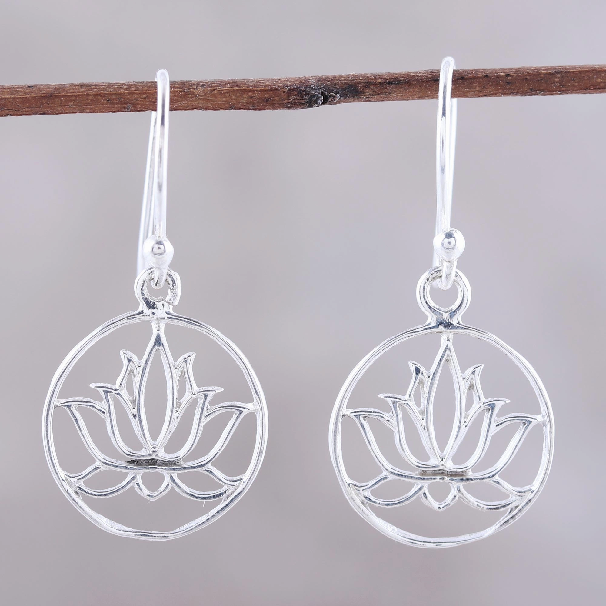 Delightful Lotus Sterling Silver Lotus Dangle Earrings from India