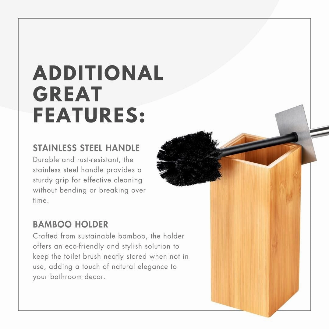 Deluxe Toilet Bowl Brush with Stainless Steel Handle and 100% Bamboo Wooden Holder Cleaning Supplies for Toilet Cleaning (Tall)