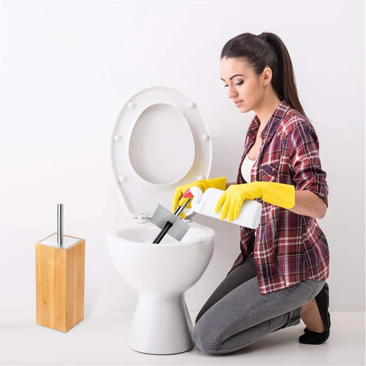 Deluxe Toilet Bowl Brush with Stainless Steel Handle and 100% Bamboo Wooden Holder Cleaning Supplies for Toilet Cleaning (Tall)