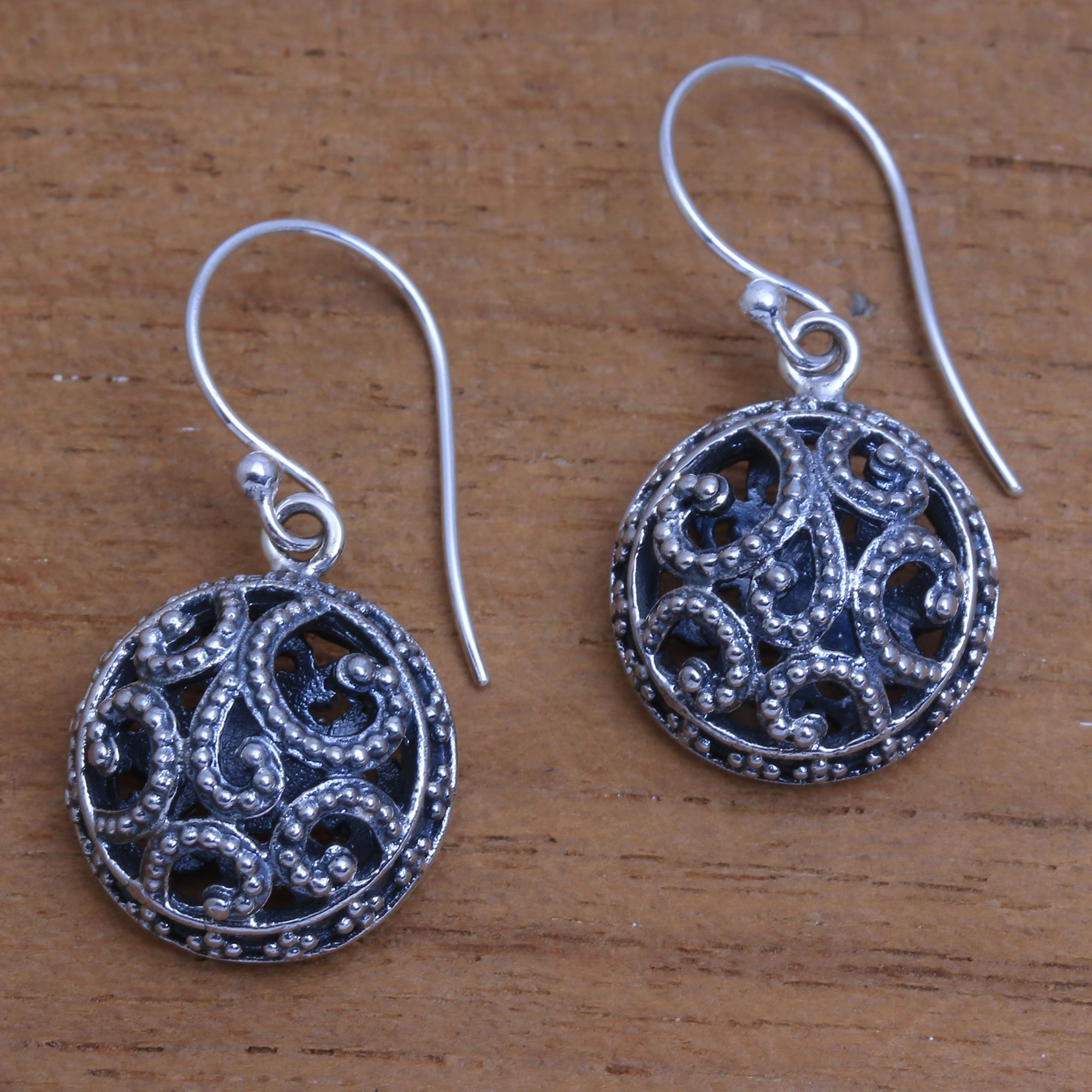 Dewy Disc Dot Pattern Openwork Sterling Silver Dangle Earrings