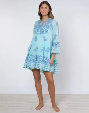 Dhaka Print Flared Sleeve Dress - Blue and Royal Blue