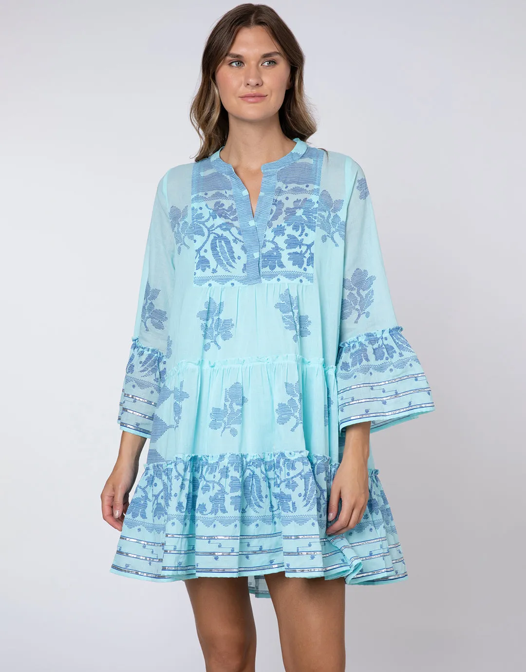 Dhaka Print Flared Sleeve Dress - Blue and Royal Blue