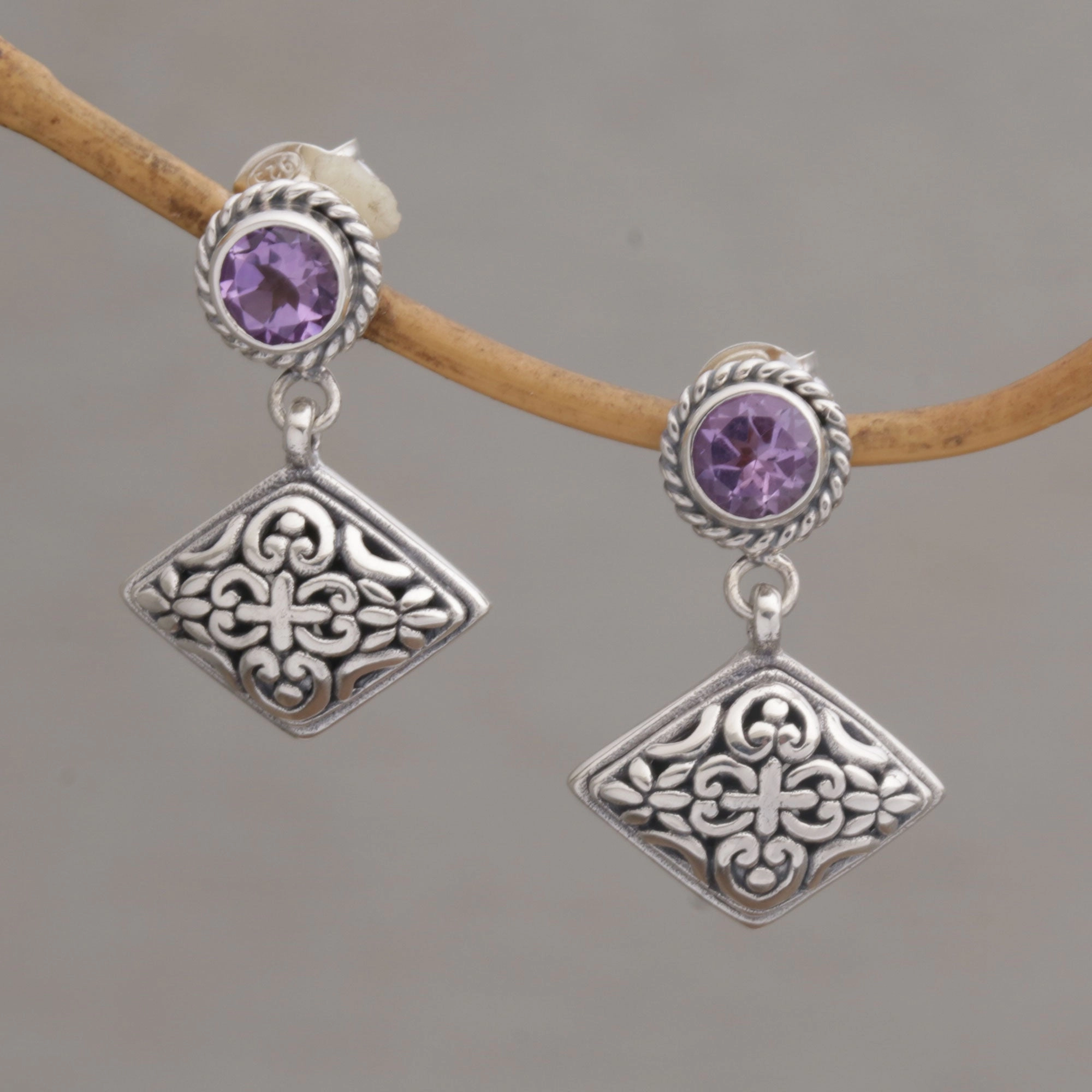 Diamond Dew Amethyst Dangle Earrings with Diamond Shapes from Bali