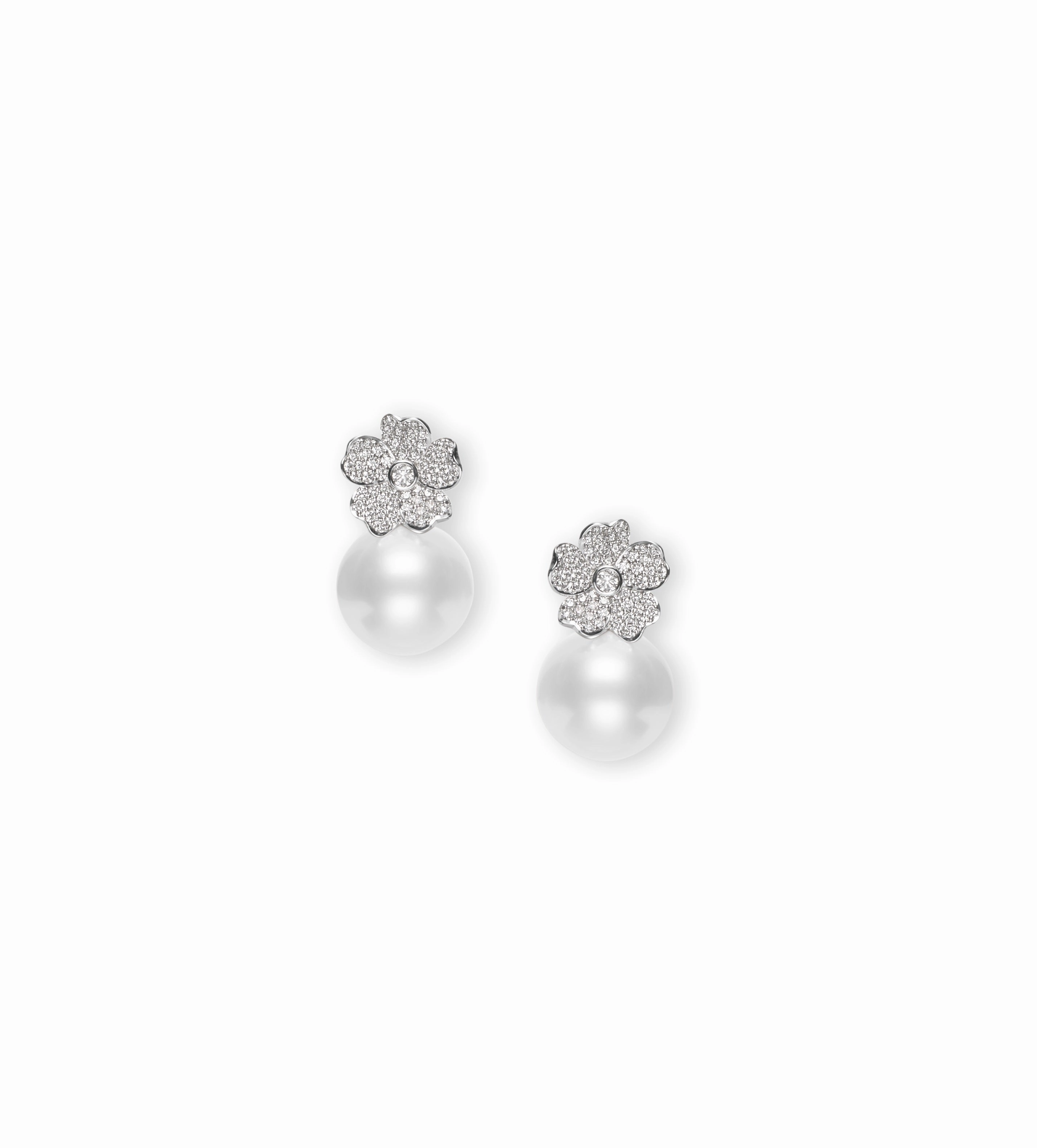 Diamond Flower Pearl Earrings