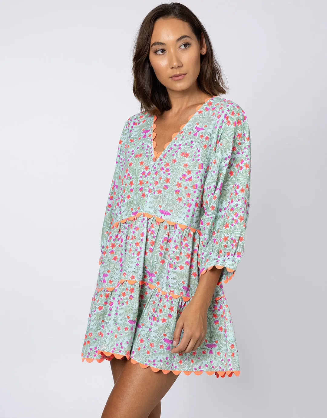 Ditsy Print V-Neck Tiered Mini Dress with Ric-Rac - Aqua and Neon Red