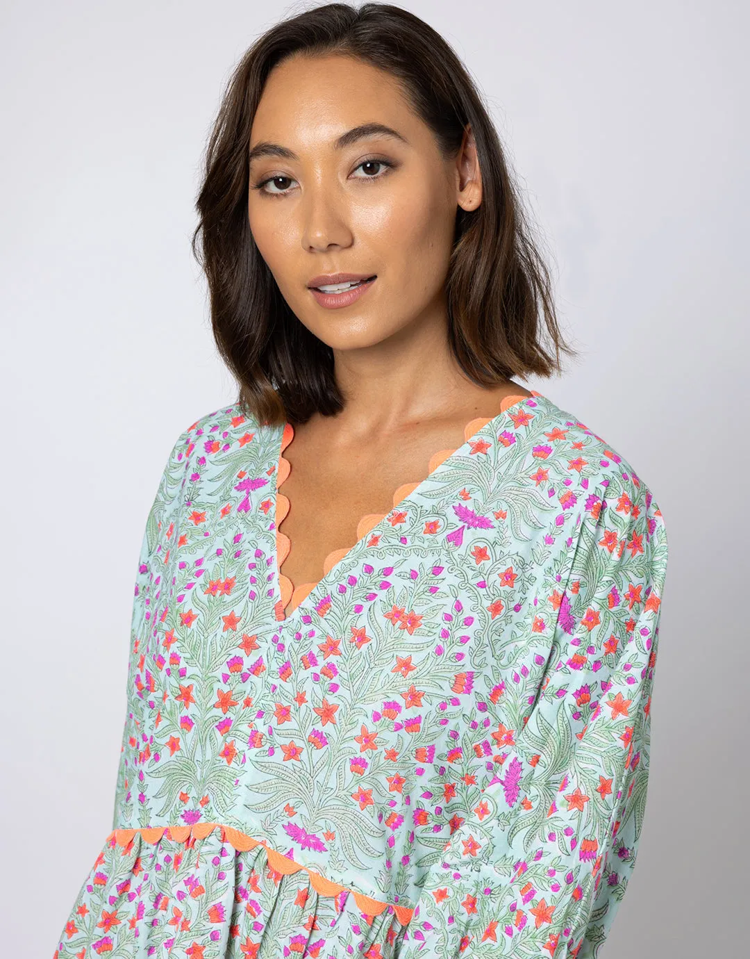 Ditsy Print V-Neck Tiered Mini Dress with Ric-Rac - Aqua and Neon Red