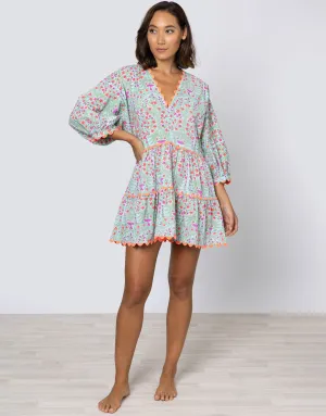Ditsy Print V-Neck Tiered Mini Dress with Ric-Rac - Aqua and Neon Red