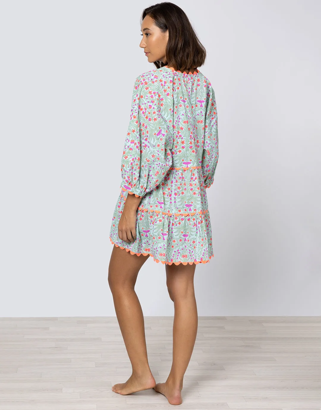 Ditsy Print V-Neck Tiered Mini Dress with Ric-Rac - Aqua and Neon Red