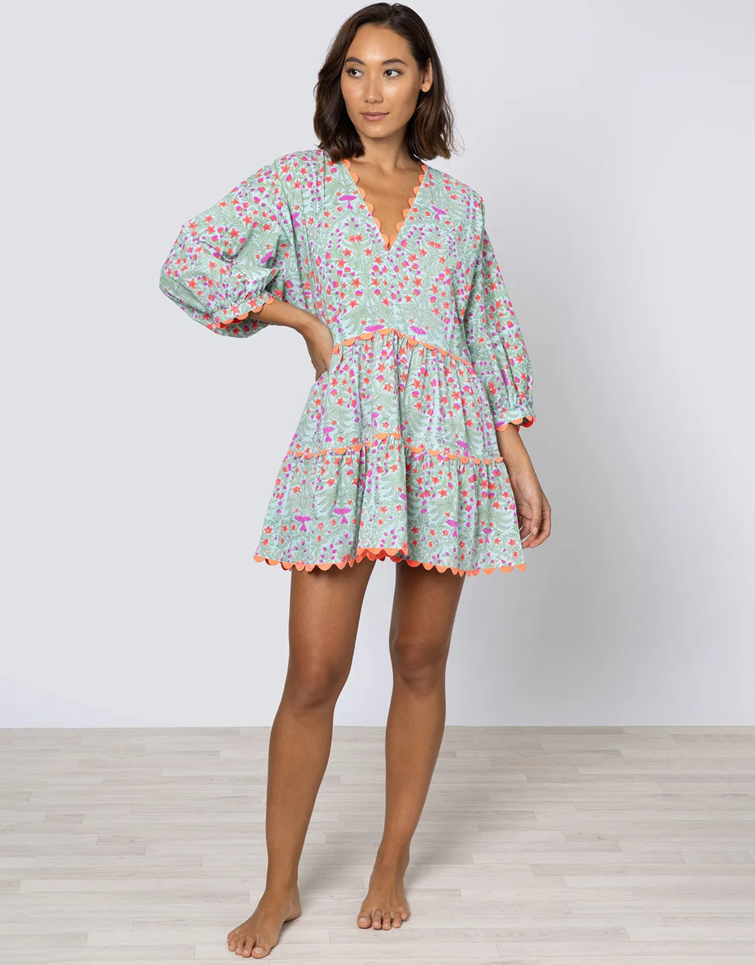 Ditsy Print V-Neck Tiered Mini Dress with Ric-Rac - Aqua and Neon Red