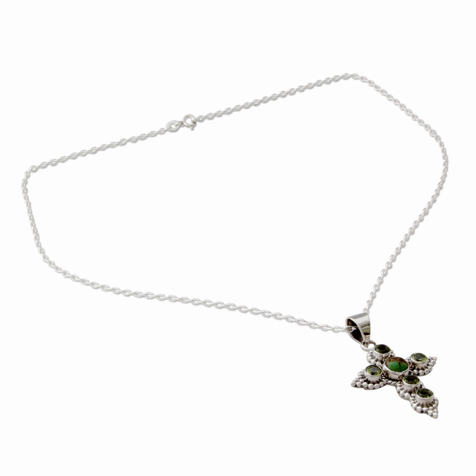 Divine Harmony Artisan Crafted Peridot and Sterling Silver Cross Necklace