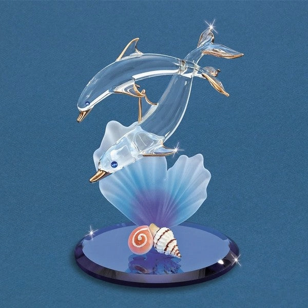 Dolphin and Baby with Sea Shells and Blue Coral Glass Figurine Decorative Mirror,Home Decor Mirror