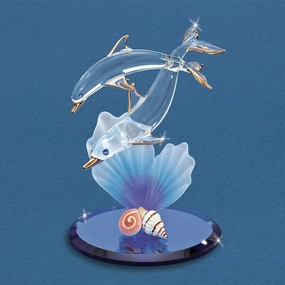 Dolphin and Baby with Sea Shells and Blue Coral Glass Figurine Decorative Mirror,Home Decor Mirror
