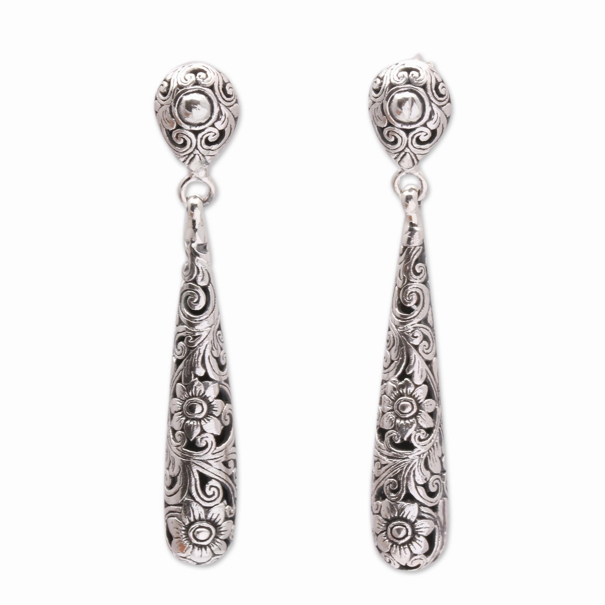 Drops from the Garden Drop-Shaped Floral Sterling Silver Dangle Earrings from Bali