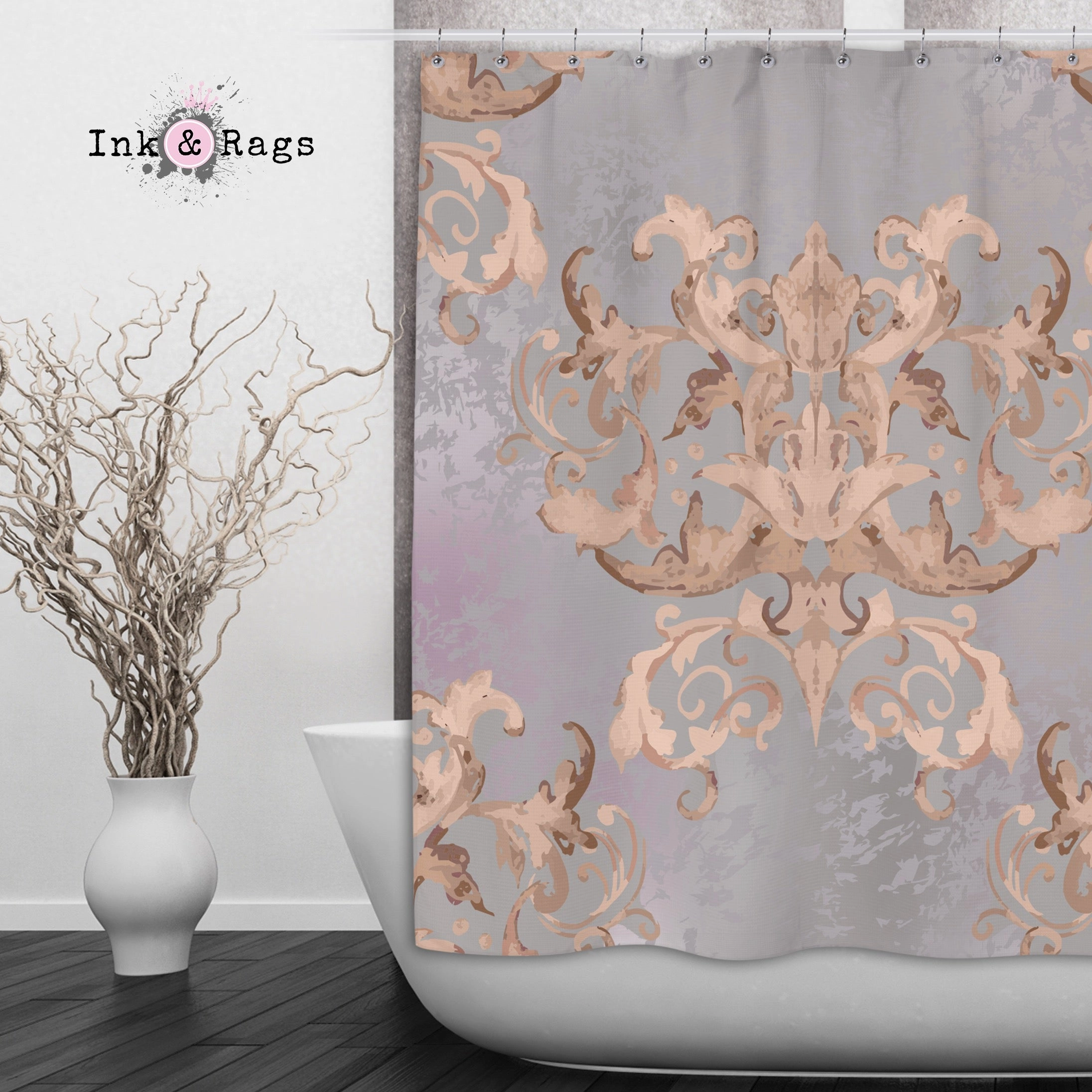 Dusk Watercolor Victorian Damask Shower Curtains and Optional Bath Mats Lighting,Lamps Fixtures