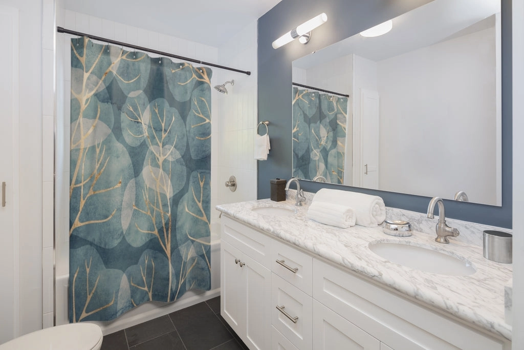 Dusty Blue and Beige, Ginko Leaves Shower Curtain