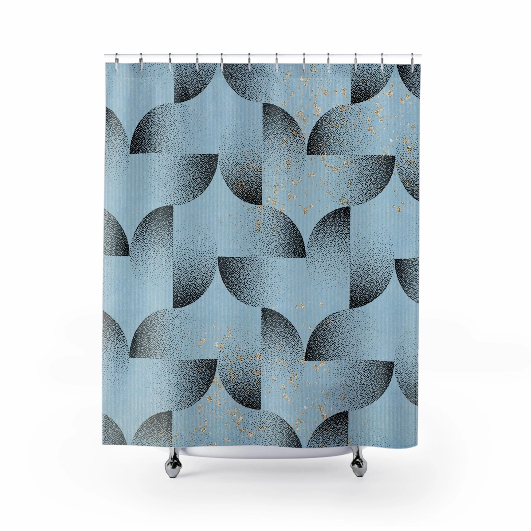 Dusty Blue Shower Curtain | Black Geometric, Gold Dust Lighting,Home Lighting