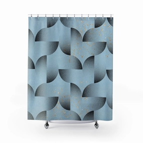 Dusty Blue Shower Curtain | Black Geometric, Gold Dust Lighting,Home Lighting