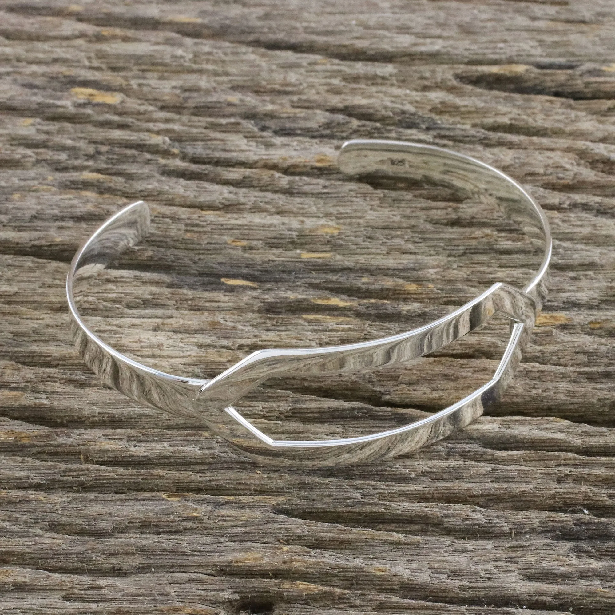 Elegant Geometry Sterling Silver Cuff Bracelet with Elongated Hexagon