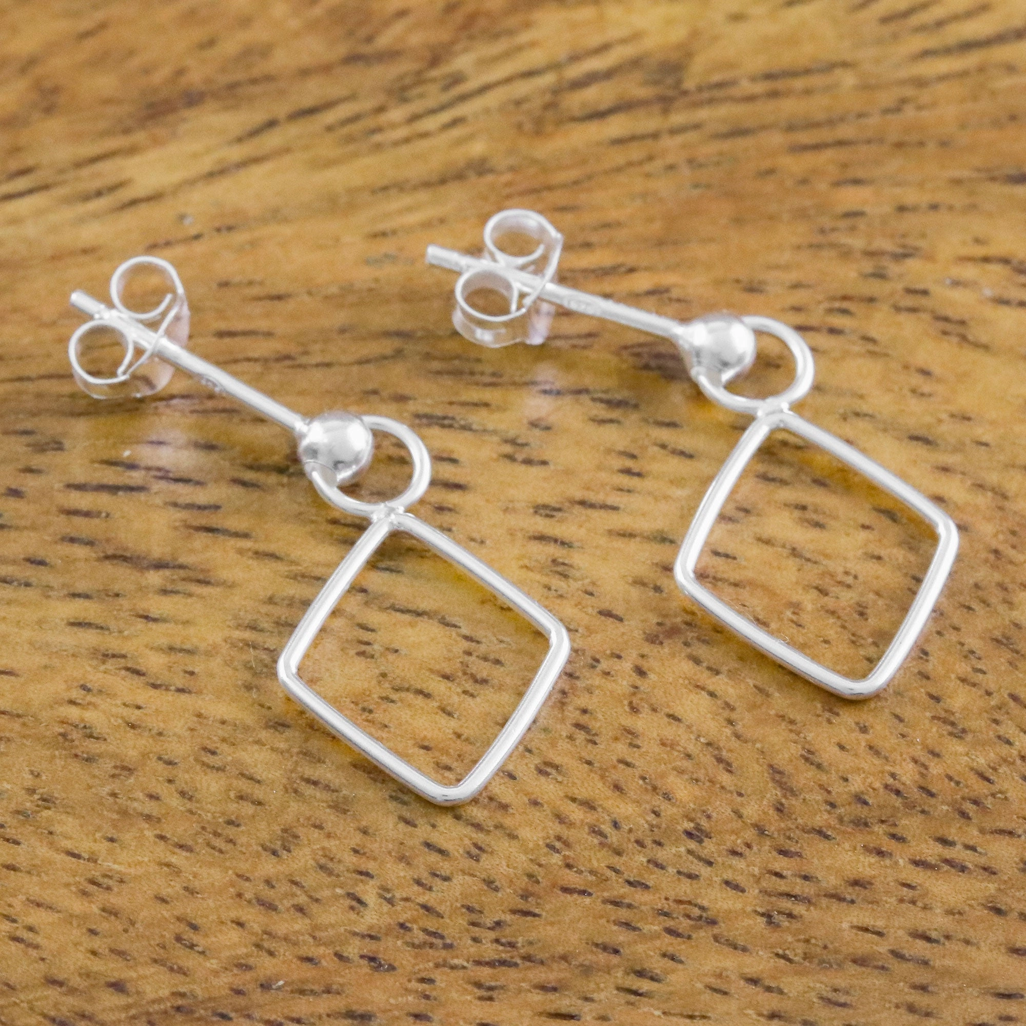 Elegant Diamond 925 Sterling Silver Diamond Shaped Frame Earrings