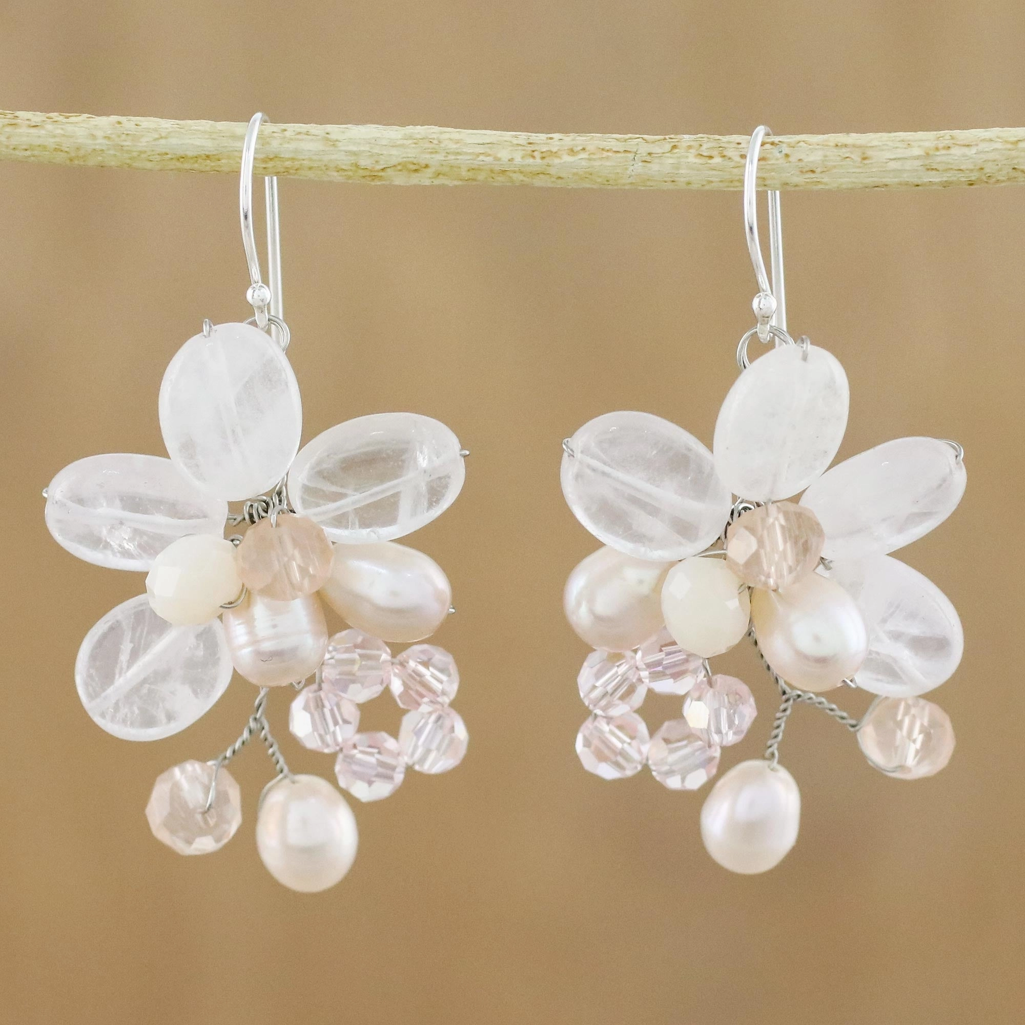 Elegant Flora Rose Quartz and Cultured Pearl Dangle Earrings from Thailand