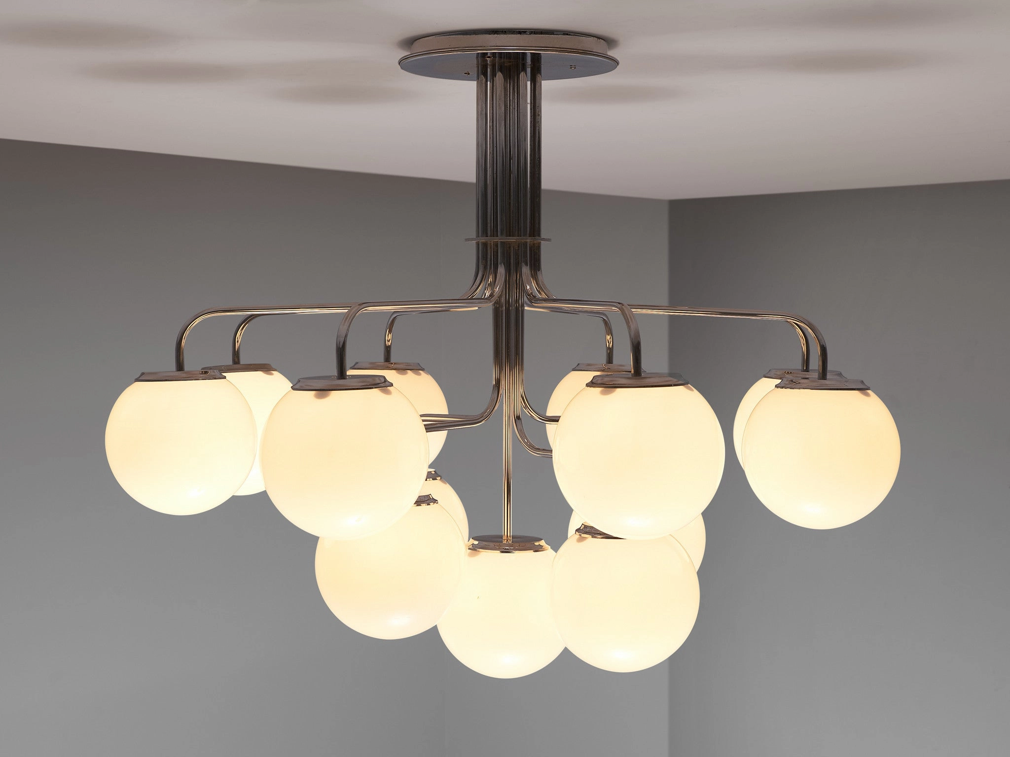 Elegant Italian Chandelier in Steel with Opaque White Glass Spheres