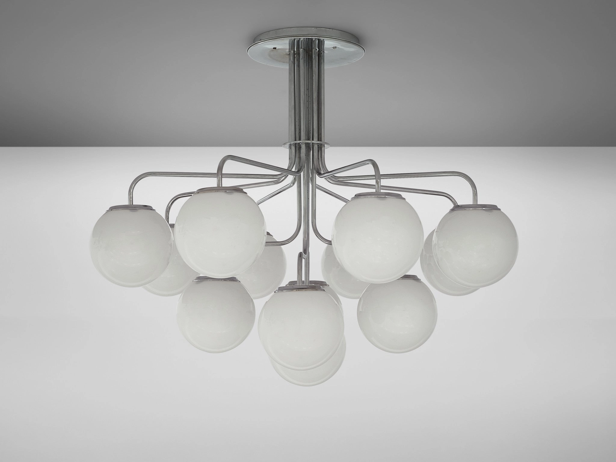 Elegant Italian Chandelier in Steel with Opaque White Glass Spheres
