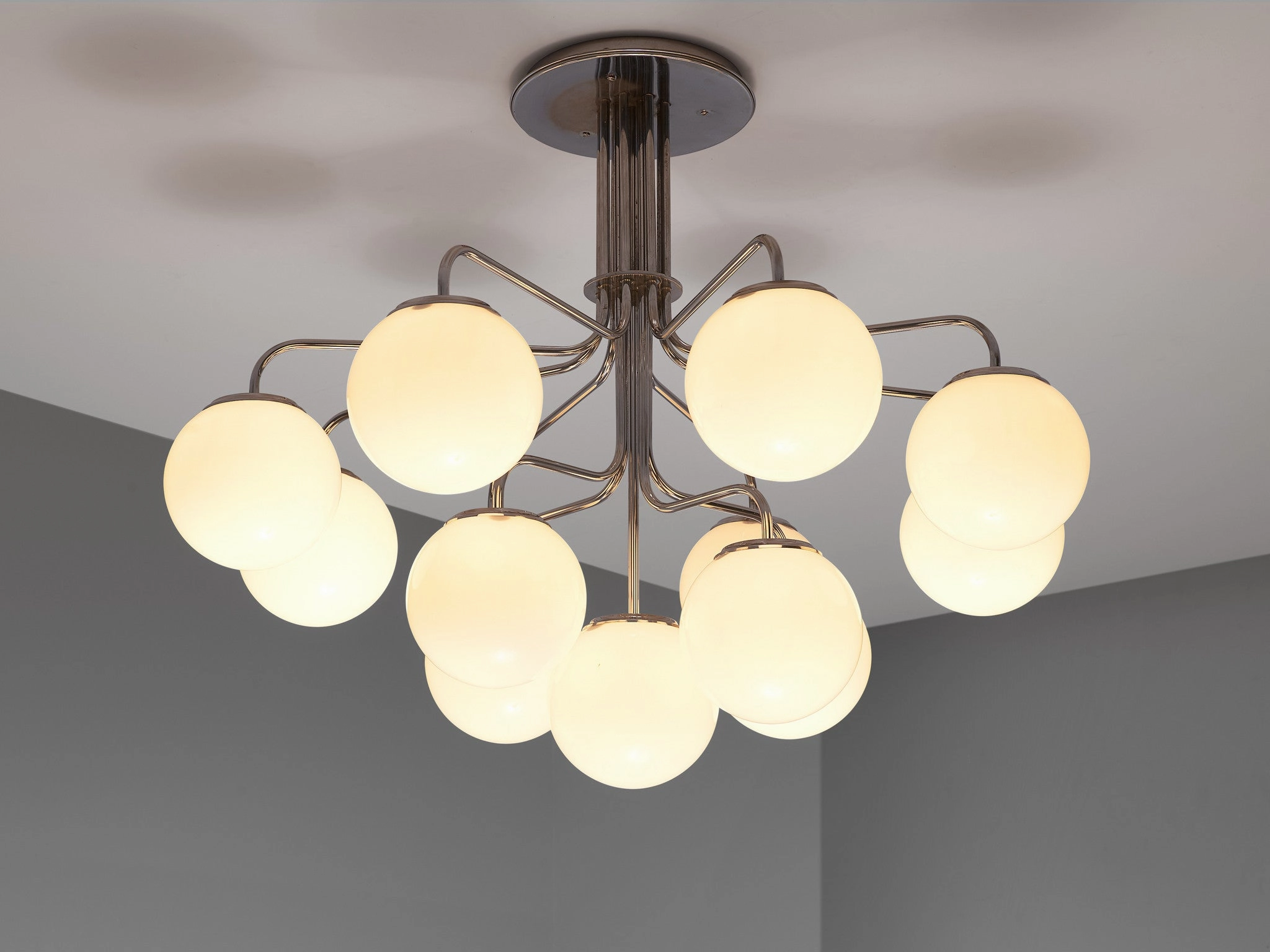 Elegant Italian Chandelier in Steel with Opaque White Glass Spheres