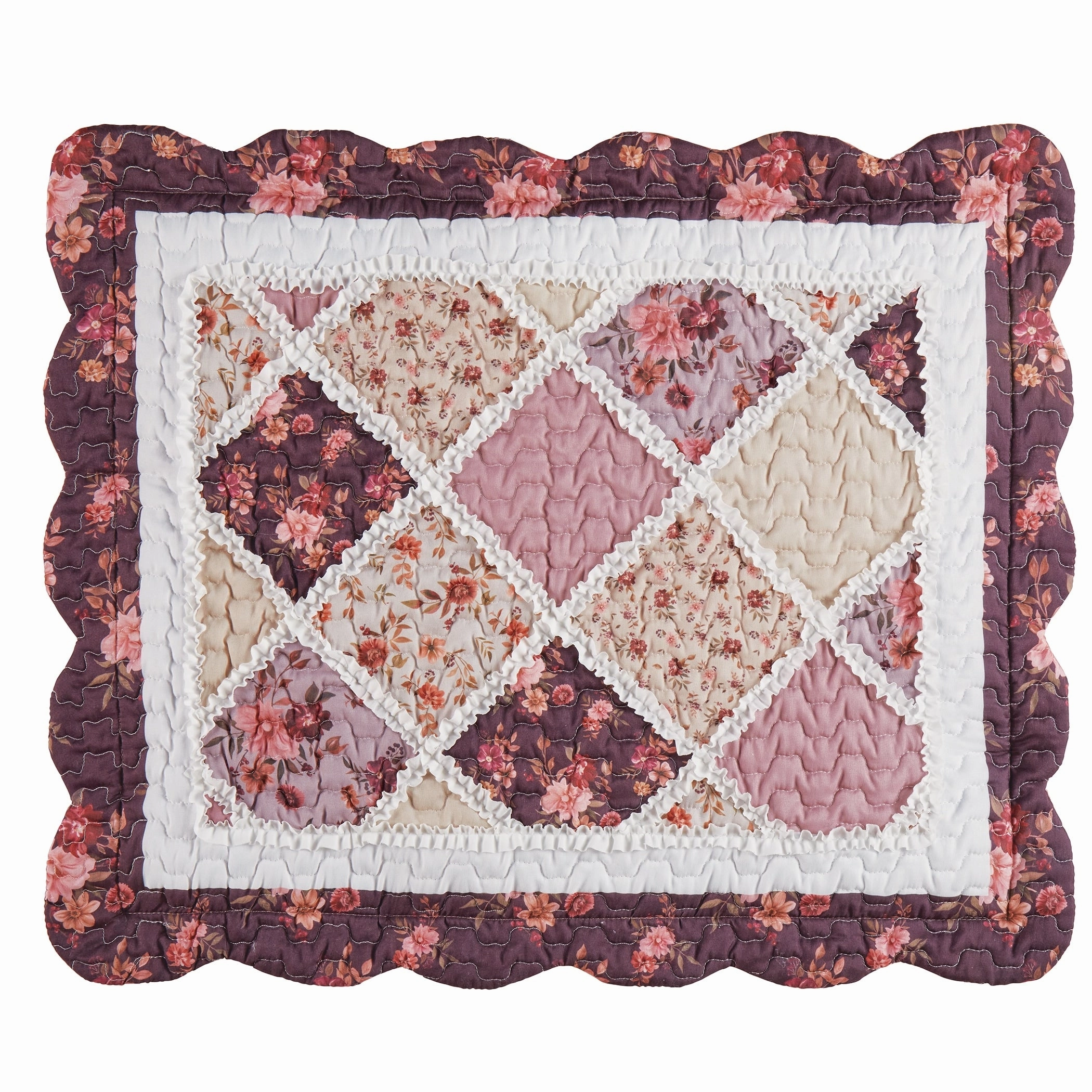 Elegant Madelyn Floral Patchwork Trellis Scalloped Edge Pillow Sham pillowcases,cotton pillow covers,bed linen