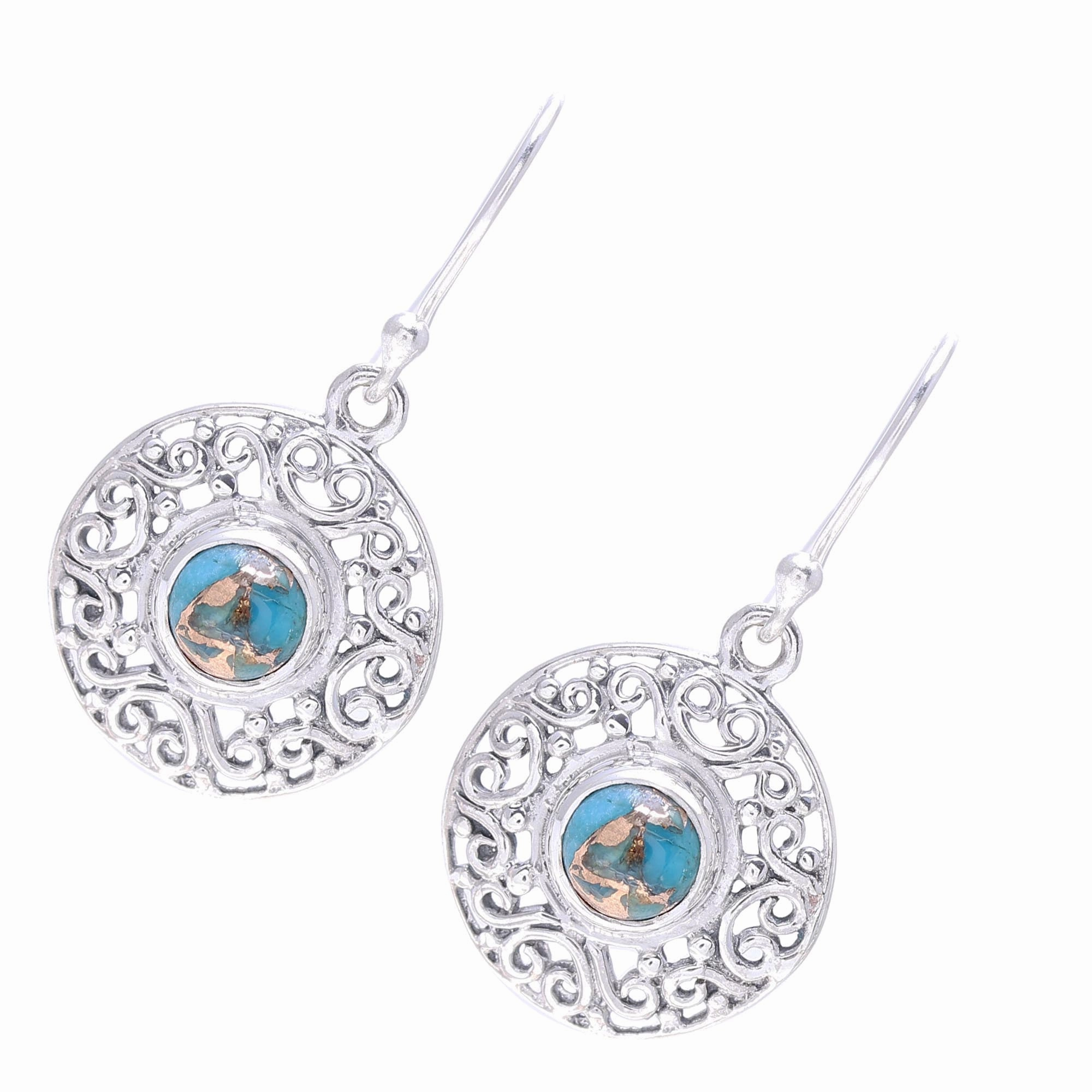 Elegant Sea Composite Turquoise Sterling Silver Round Dangle Earrings