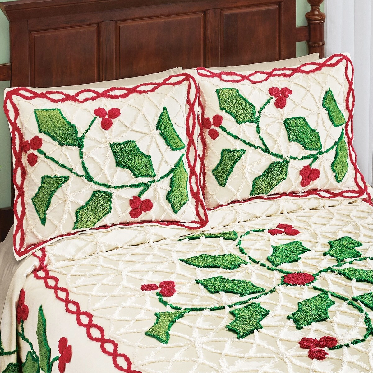 Elegant Tufted Red and Green Holly Chenille Pillow Sham